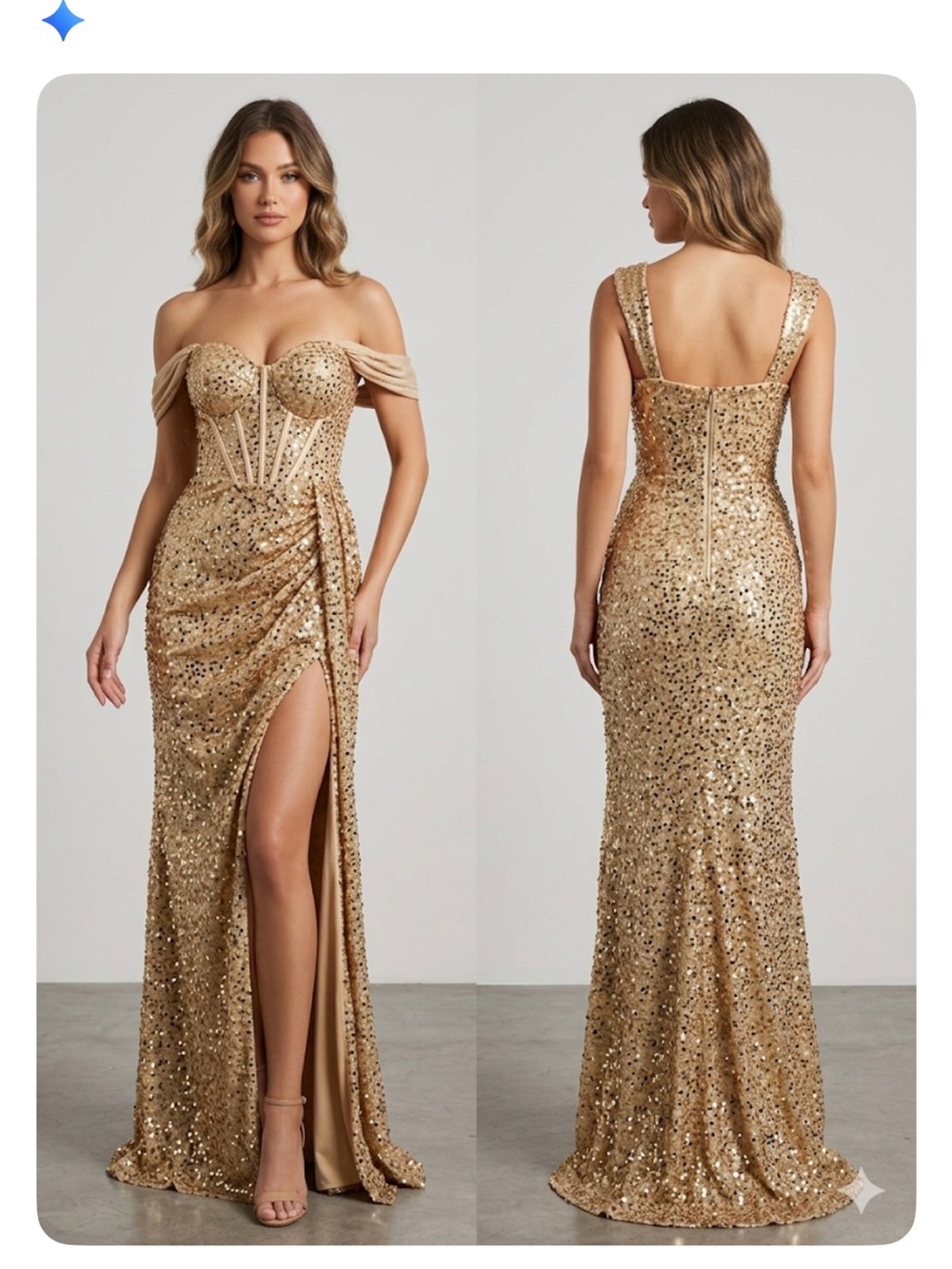 Gold Sequin Off-Shoulder Evening Gown